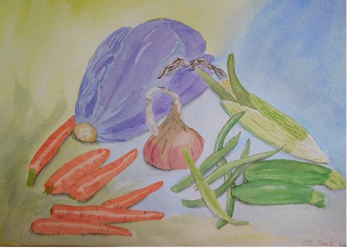 Christine C, Allotment harvest, watercolour.